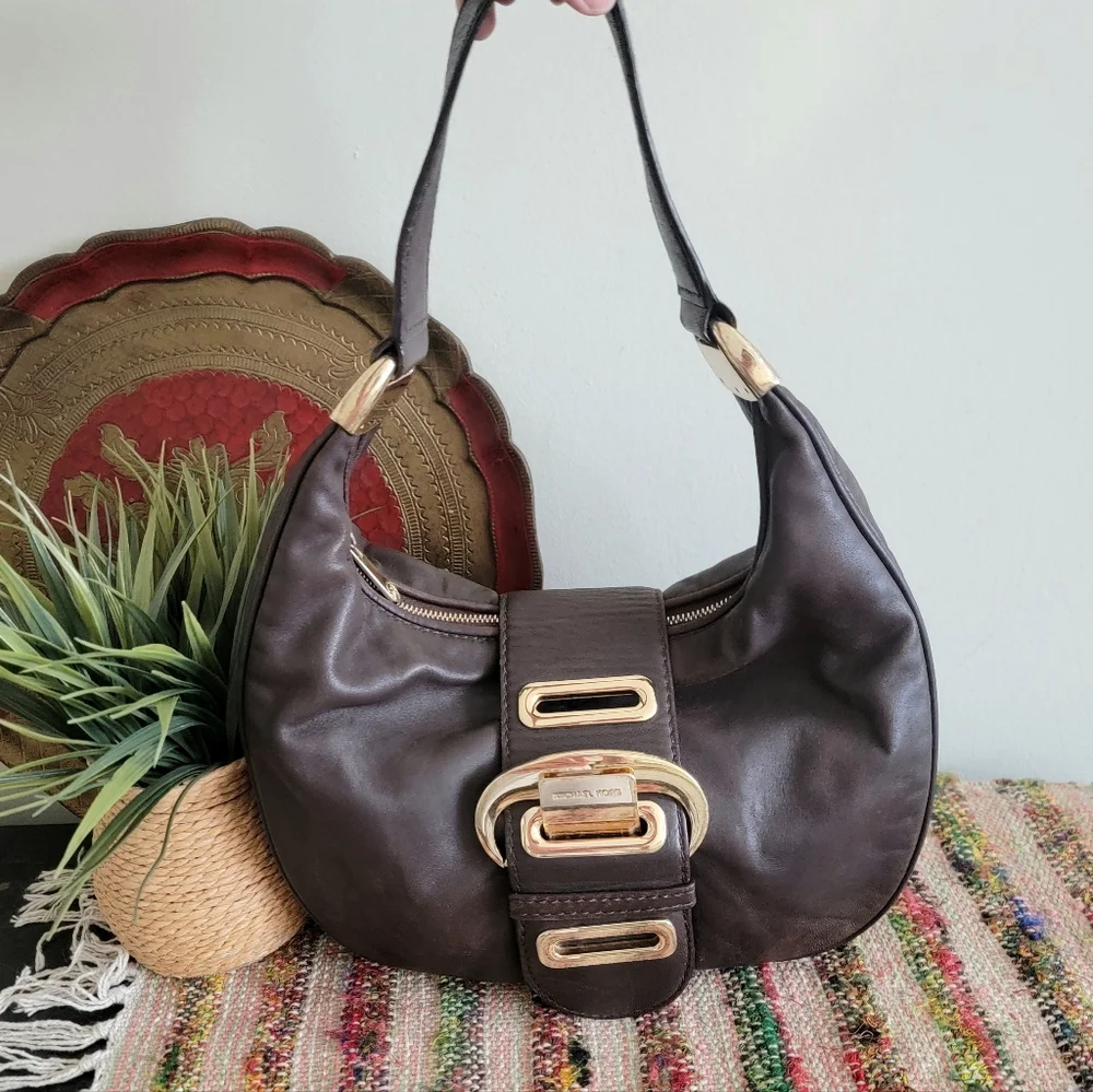Michael Kors Baguette Hobo Bag Brown Leather Rare Purse